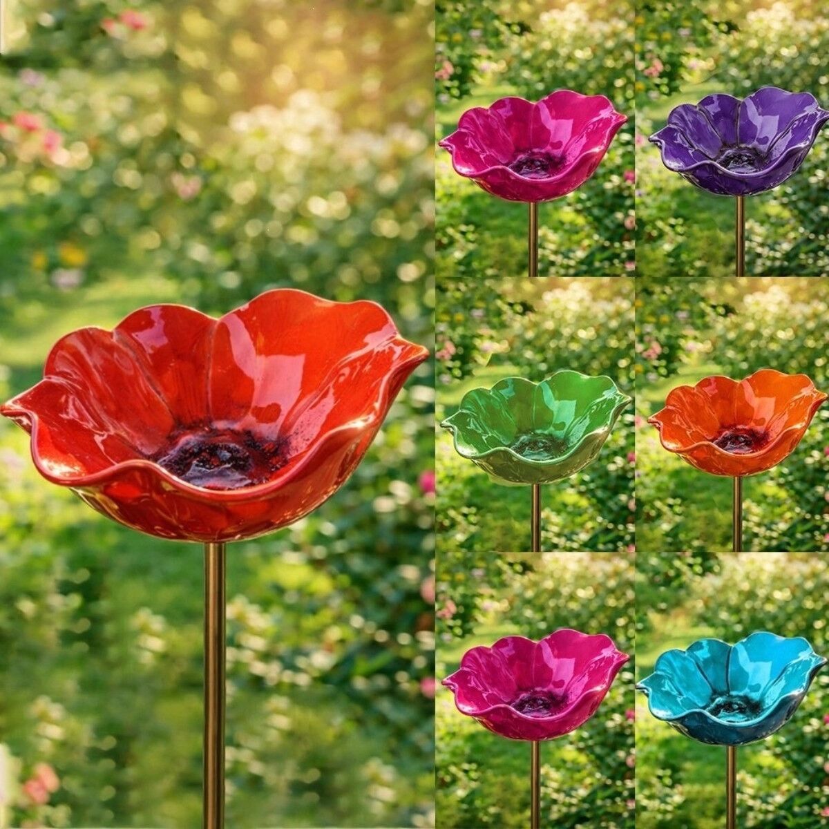 INF Handgefertigter Metall-Blumen-Gartenstecker Vogelfutterspender – Orange, Mehrblatt-Blütenschale, 15cm x 15cm x 60cm