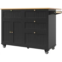 OKWISH Kücheninsel MDF Schwarz 133x37,3x88 cm, klappbar, mit Rollen und höhenverstellbaren Stützfüßen