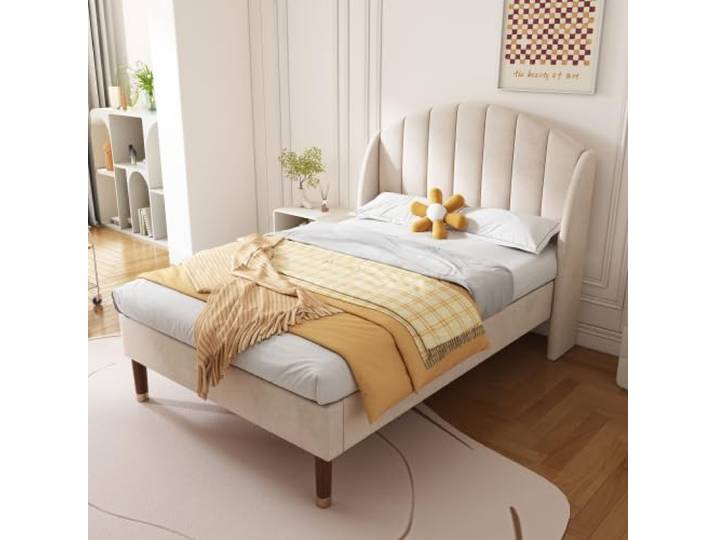 YuQozii Polsterbett 90 * 200 mit Lattenrost und Kopfteil, Jugendbett, Einzelbett, Holzlattenunterstützung, Einfache Montage, Samt (Beige)