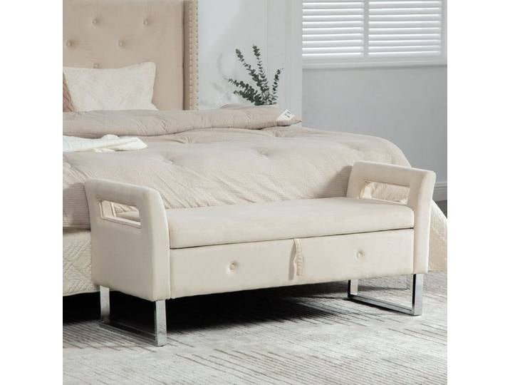 Banquette de rangement en velours EVRYAE 138 x 51 x 60 5 cm avec accoudoirs coffre intégré beige