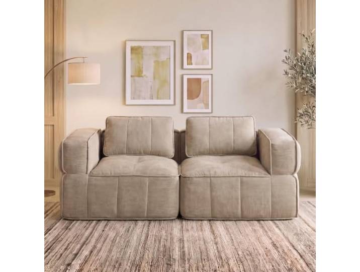 SoarTalent 2-Sitzer-Sofa, Boneless-Couch, Samt-Optik, 198 cm, Sandfarben Abriebfest, pflegeleicht, klare Linien, rahmenloses Design, 48 cm Sitztiefe, Sofa für Wohn- & Schlafzimmer