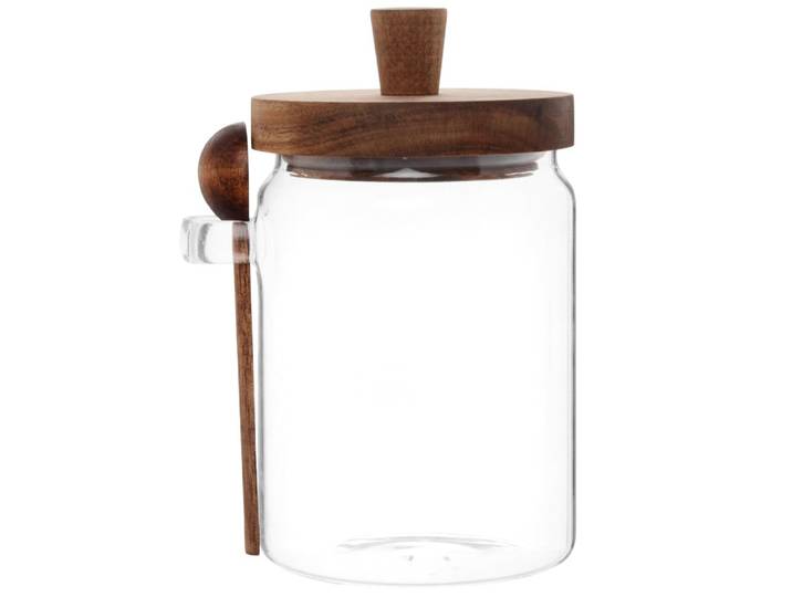 Gefäß aus Glas mit Deckel und Löffel aus Akazienholz