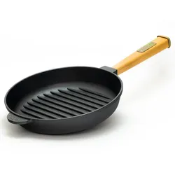 Ø24cm Grillpfanne Gusseisen Induktion Holzgriff Bratpfanne Pfanne Feuerpfanne