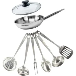 Fackelmann Eterna 24 cm Edelstahl-Bratpfannenset mit Glasdeckel und 6 Edelstahl-Utensilien