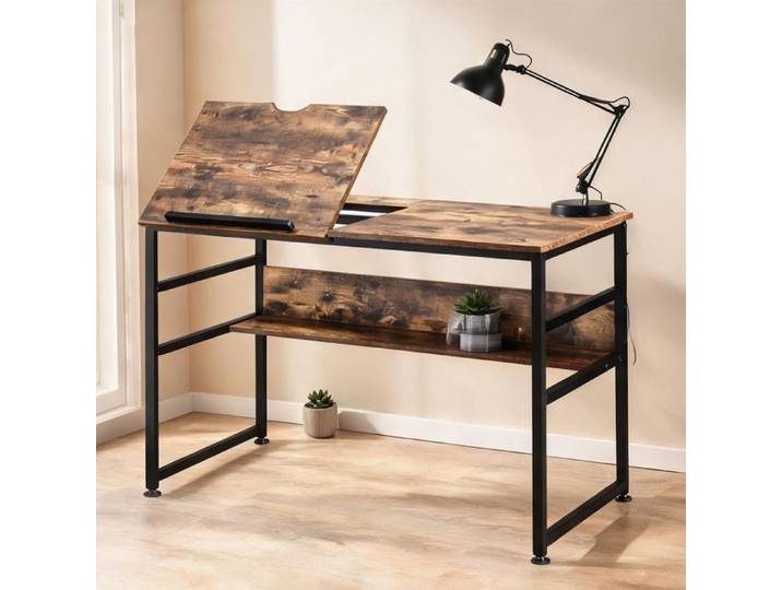 Bureau d'architecte brun rustique 120x60 cm - table à dessin industrielle inclinable avec étagère