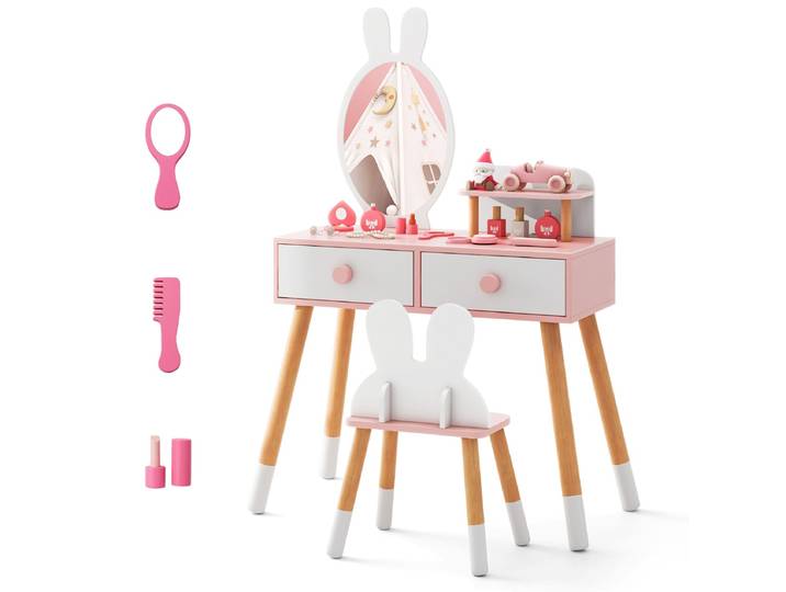 Kinder Schminktisch Set met Konijnenontwerp Make-upset met Massief Houten Poten