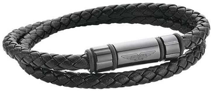 Police Zweireihiges Armband aus schwarzem Leder, geflochten schwarz