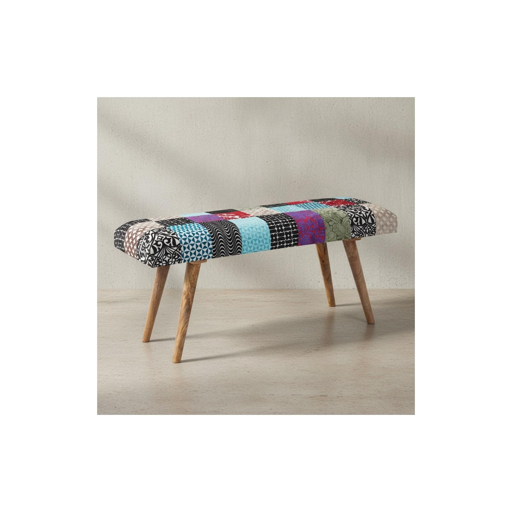 KADIMA DESIGN Sitzbank Samt/Massivholz, Patchwork-Design, 160 kg Belastbarkeit, Mangoholz Beine