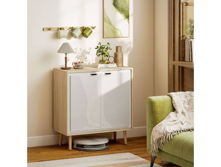 HOMCOM Buffet Brillant Blanc Chêne 72x35x77cm Double Porte