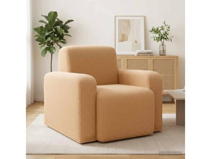 IBUQDDV Bouclé Sessel Beige mit Sperrholzrahmen und Breiten Armlehnen Weiche Bouclé-Haptik, stabiler Holzrahmen, Schaumstoffpolsterung, vielseitig nutzbar