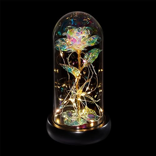 Relaxdays Eeuwige roos in stolp met LED-verlichting, multicolor