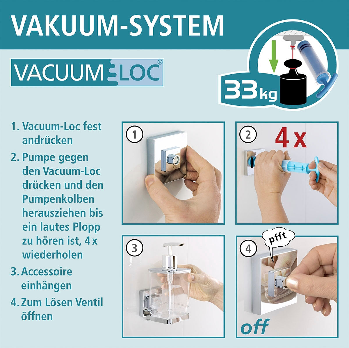 Eckregal WENKO "Vacuum-Loc Quadro", silber (glänzend, loc: chrom), B:19,5cm H:8,5cm T:28cm, ABS-Kunststoff, Edelstahl, Regale, Eckregal, 1 Etage glänzend, loc: chrom B/H/T: 19,5cm x 8,5cm x 28cm