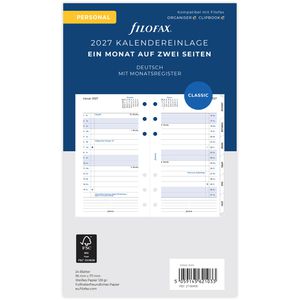Filofax Kalendereinlagen 27-68456, Jahr 2027, 1 Monat auf 2 Seiten, Personal