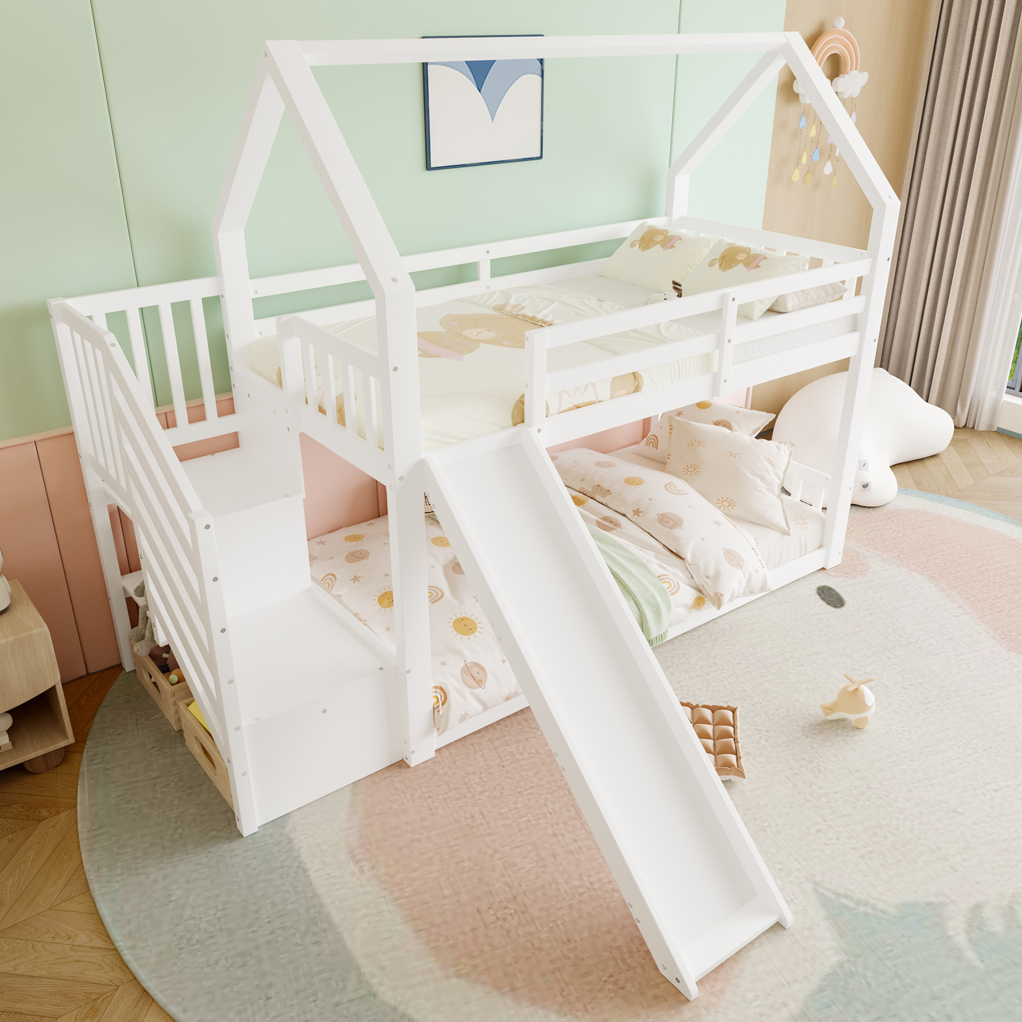 STILVORA Etagenbett 90x200 Stockbett Kinderbett Jugendbett Ohne Matratze mit Stauraumtreppe und Rutschen,Hausbett mit Rausfallschutz,Unterbett ohne Lattenrost,Weiß