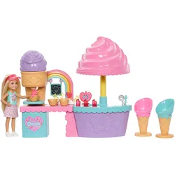 Barbie Chelsea Eisstand-Spielset mit Chelsea-Puppe, Eismasse in 2 Farben und Zubehör