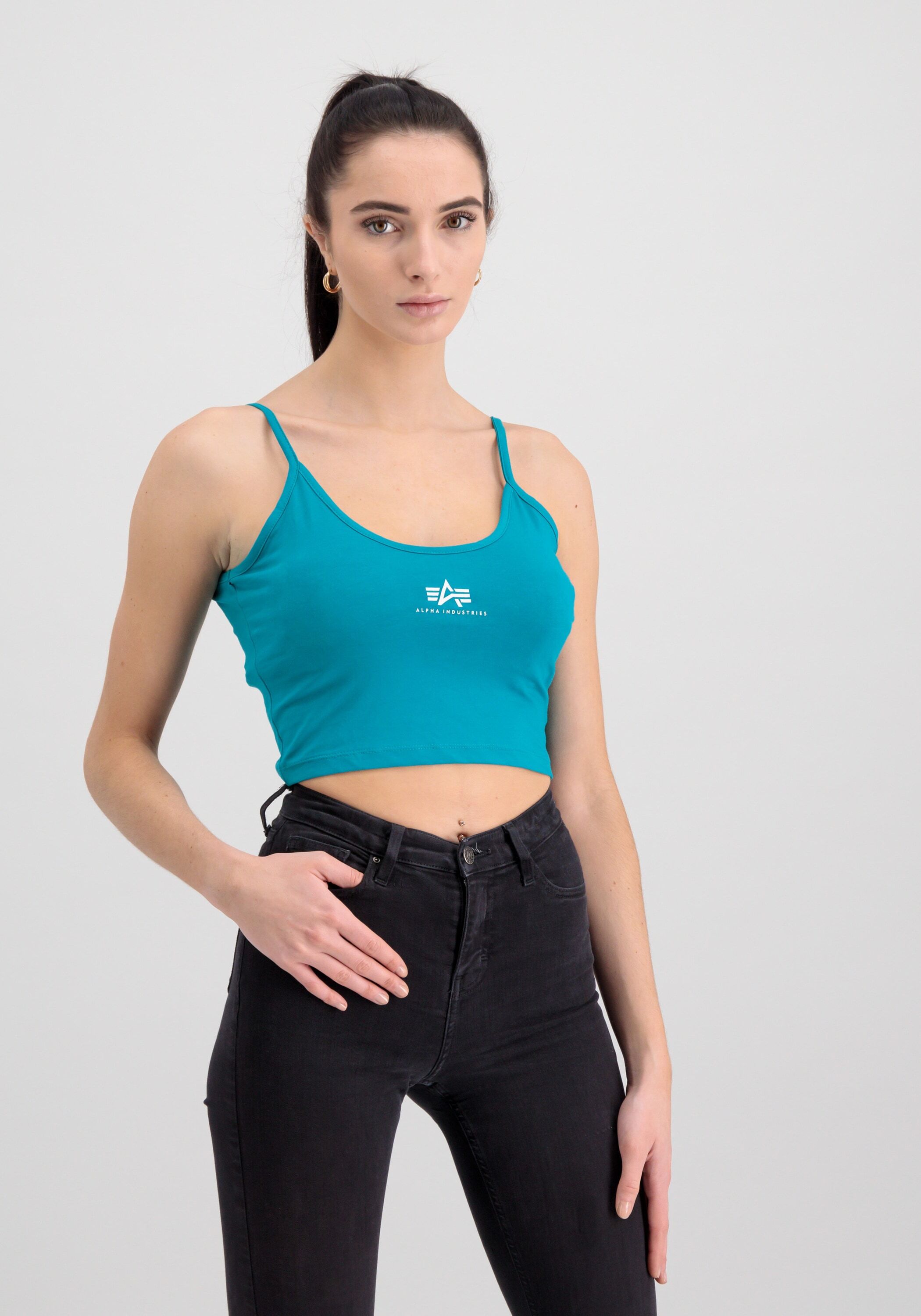 Muscleshirt ALPHA INDUSTRIES "Basic Crop-Top SL Women", Damen, Gr. S, blau (blau lagoon), Obermaterial: 95% Baumwolle, 5% Elastan, Shirts Muscleshirt blau lagoon S