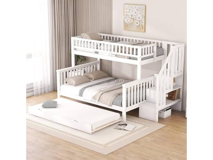 Idemon 90 x 200 und 140 x 200 Etagenbetten, Ausziehbett und Treppe, Weiß Massiv‑Kiefernholz‑MDF, ausziehbares Rollbett, Ablagefächer, Treppe mit Stauraum, weiß, mit Lattenrost, ohne Matratze