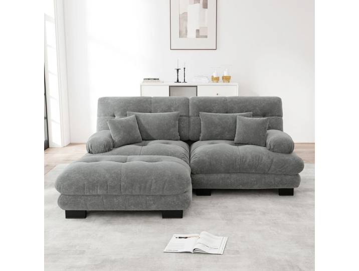 Canapé d'angle - Cloud - 220x145x81 cm - Chenille gris - Modulable avec ottomane