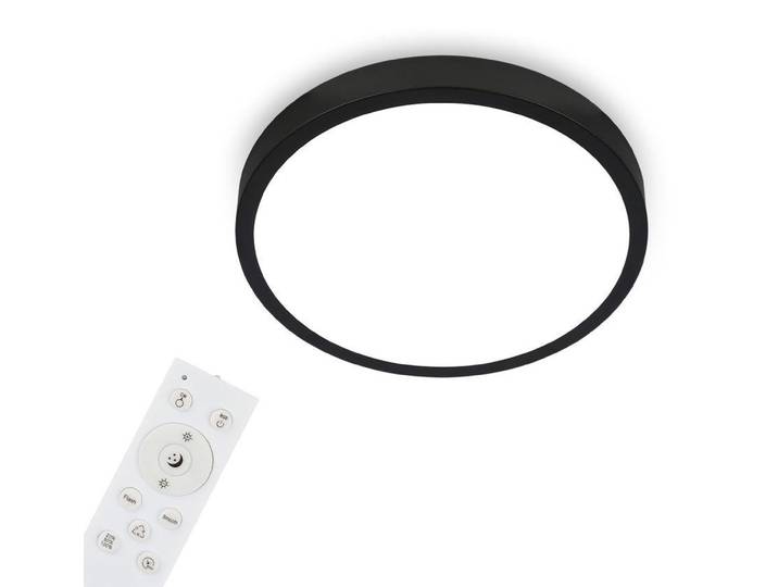 Briloner Plafonnier LED RGBW\, LED à intensité variable\, couleurs de lumière variées\, blanc neutre\, lampe à monter\, télécommande\, noir\, Ø380x50 mm
