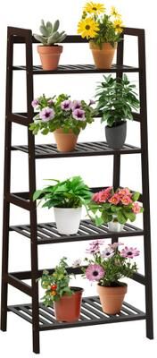 Costway 4-Tier Bamboo Plant Rack with Guardrails Stable and Space-Saving-Brown