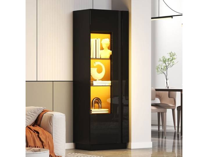Vitrine Brillante avec éclairage LED 60 x 40 x 180cm Porte en Acrylique étagère en Verre Armoire Haute Bibliothèque Noir