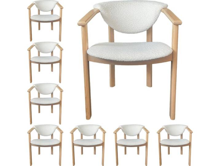 ESSZIMMERSTUHL KALLA 8er Set in Creme Bouclé, massives Buchenholz 58/60/74 cm