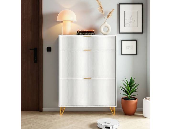 Armoire à Chaussures - Blanc - Étagère Rabattable - Design Ondulé - Sécurité Enfant
