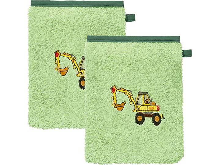 Erwin Müller Kinder-Waschhandschuh, Waschlappen 2er-Pack Traktor, Bagger grün Größe 15x21 cm - 100% Baumwolle, mit hochwertigem Stickmotiv