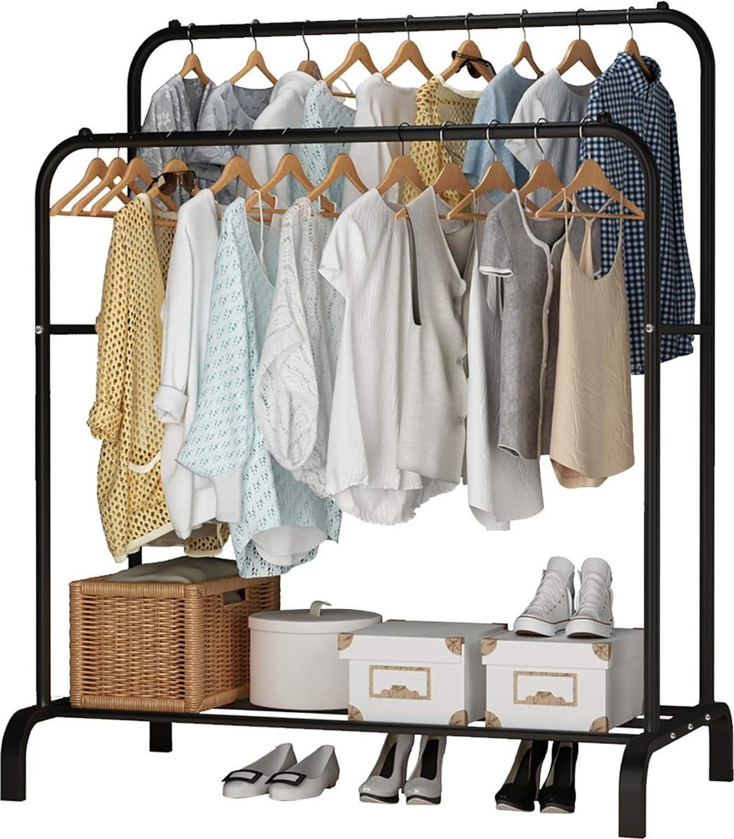 Kledingrek Vrijstaande Dubbelpolige Hanger voor Slaapkamers - Zwart