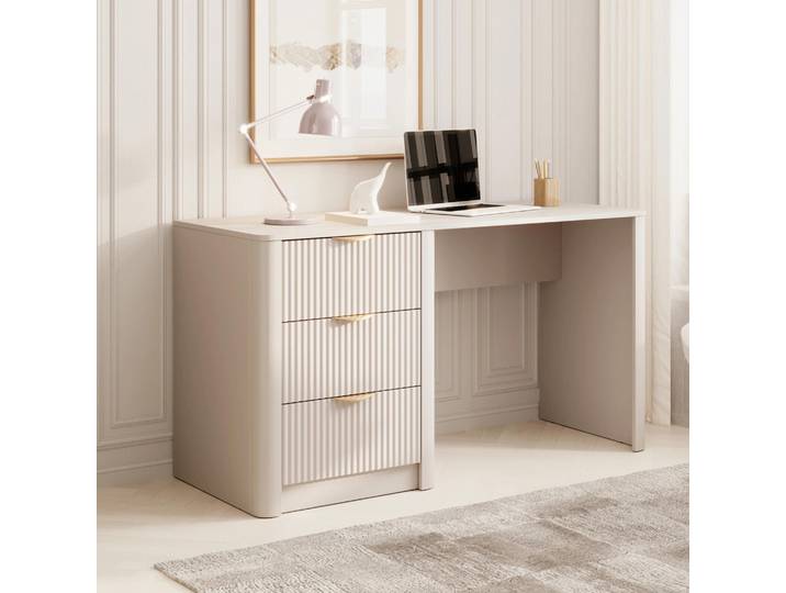 Schreibtisch Bürotisch FLORE 140 cm Beige Gold Geriffelt 3 Schubladen