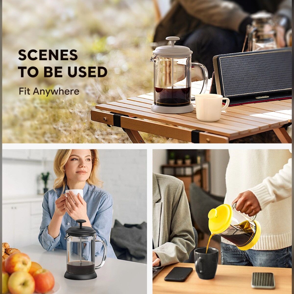 INF French-Press-Kaffeebereiter 800 ml aus Borosilikatglas mit 100-Mesh-Filter