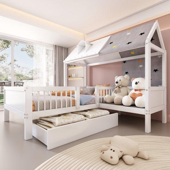 Holzschrankbett für Kinder, multifunktional, mit Bezug und Kissen, untere Schublade, ohne Matratze, 90x200, weiß