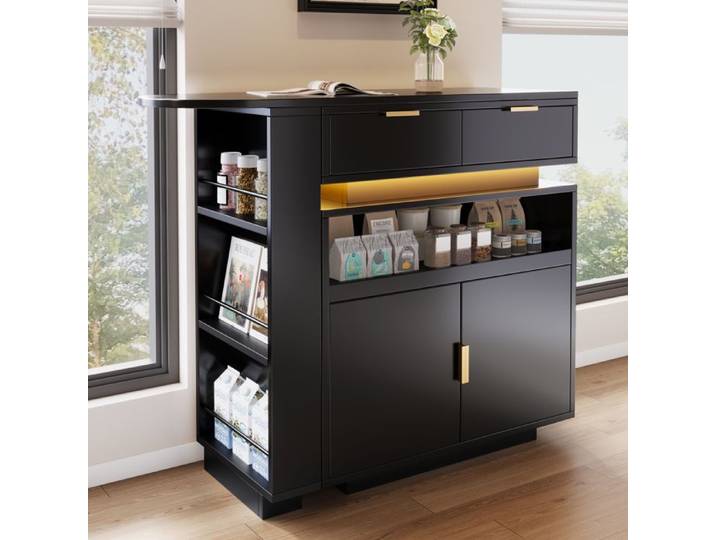 VLIVRA Desserte cuisine plateau extensible rotatif rangement LED MDF noir