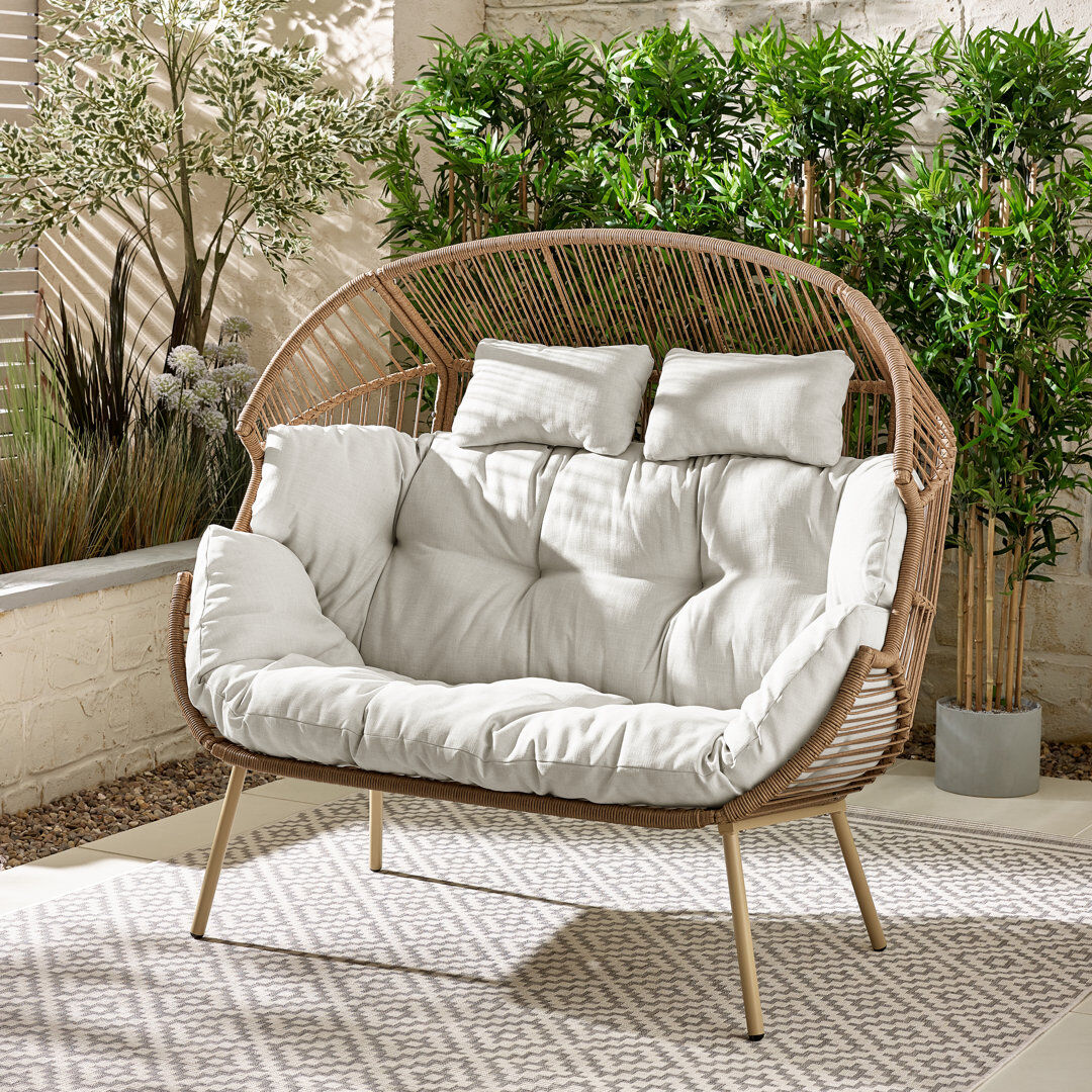 World Menagerie Kouts Cosy Rattan Weave Double Egg Chair Garden With Cushion - Contemporary Modern Design Cream 136cm H X 146cm W X 85cm L