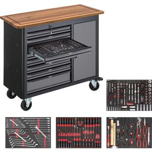 Vigor Werkzeugwagen Series L, V5156, mit Werkzeug, 256-teilig, fahrbare Werkbank, grau, 8 Schubladen