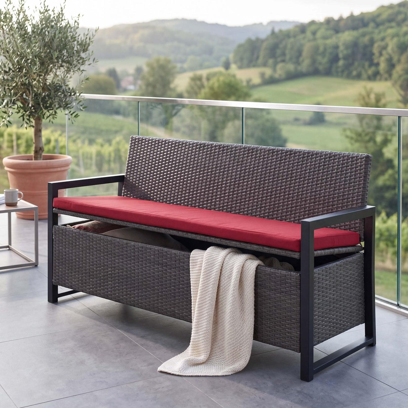 Poly-Rattan 3er Sitzbank MCW-F39, Gartenbank Truhenbank, Staufach Aufbewahrung 164cm ~ grau, Kissen bordeaux