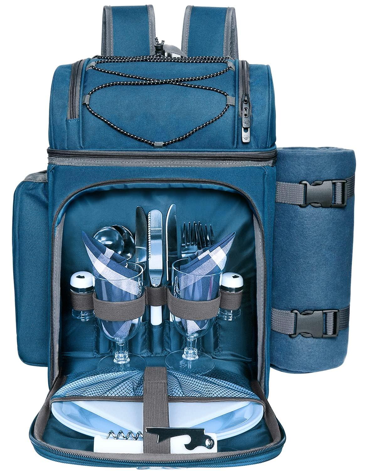 Picknickrucksack in Hellblau - 10 Liter Fassungsvermögen - aus Polyester und Kunststoff - für 2 Personen - inklusive Besteckset und Fleece-Decke