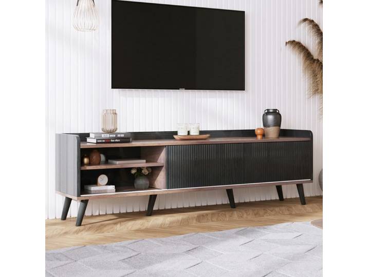 LPOSPI Meuble TV moderne noir et bois 160 cm 2 tiroirs portes coulissantes 160x40x58 cm.