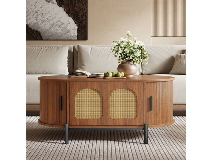 Table Basse Ovale avec Portes Coulissantes en Rotin – Design Vintage – Rangement Fonctionnel pour Salon – Noyer