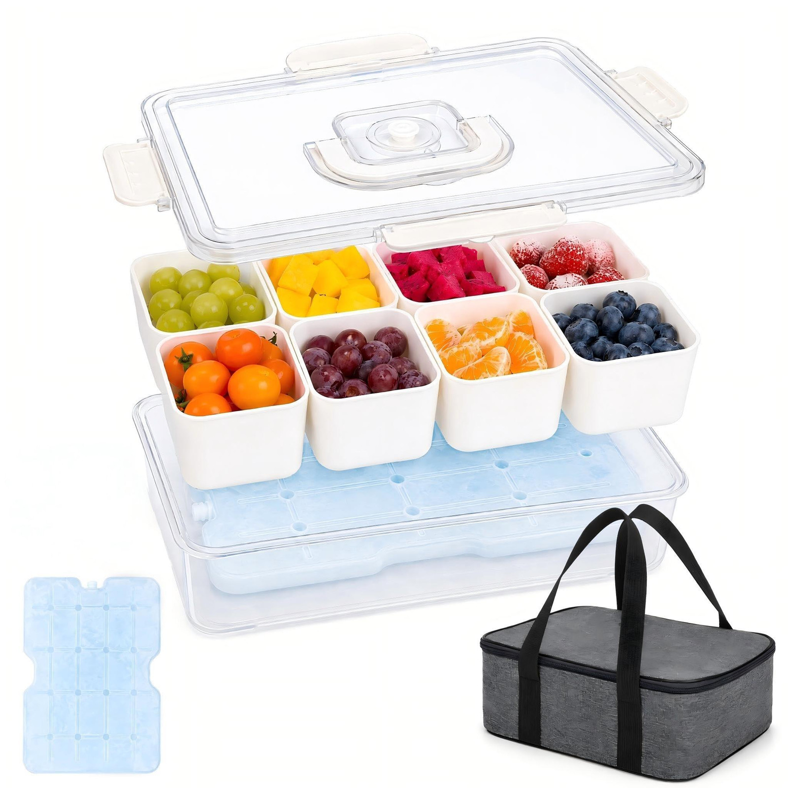 Merkloze Snackbox met 8 Compartimenten en Koelelement voor Picknicks