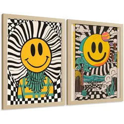 POSTER 4er Kunstdruck-Set Wandbilder Smiley Emoji modern Wohnzimmer Deko, Schlafzimmer, Küche, Badezimmer Leichter Holzrahmen A3