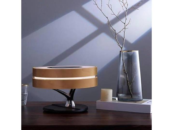 SILAMP Lampe de Chevet Ronde Horizon avec Enceinte & Chargeur Sans fil - Dimmable Tactile - 3000K/4000K/6500K