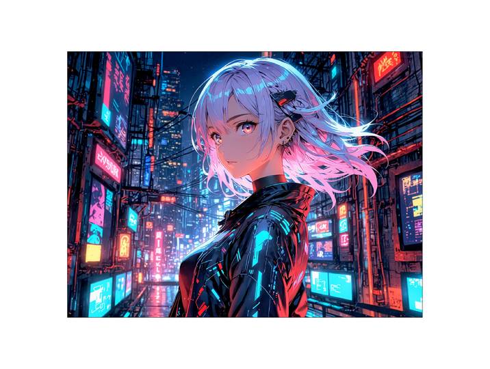 Tableau verre Manga Girl Verre flotté Bleu/Mauve/Noir 60 x 80 x 1cm
