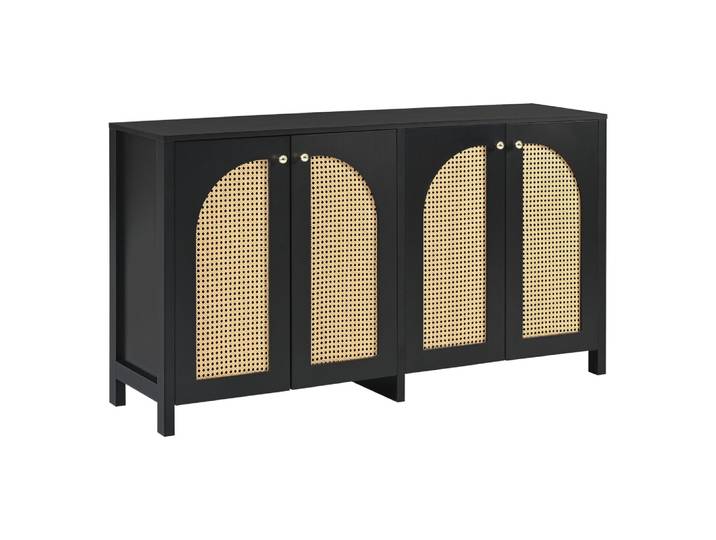Buffet vintage noir 4 portes en rotin courbées
