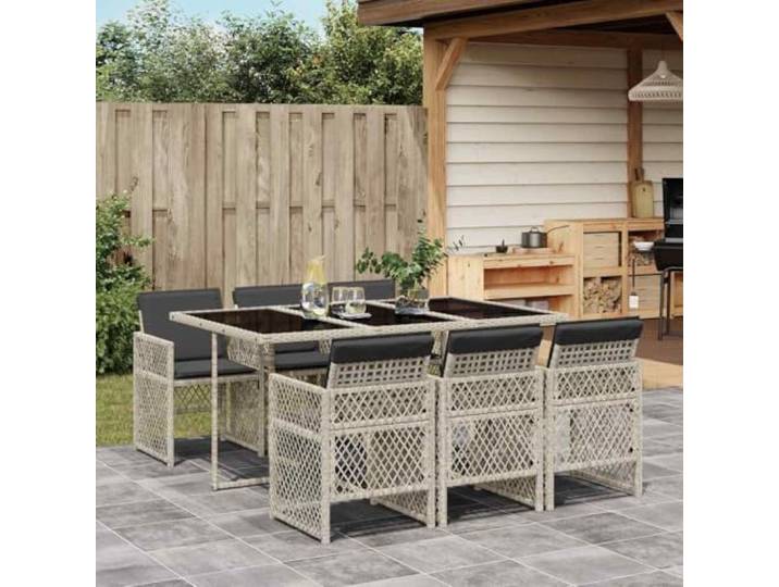 HEFZGDB 7-TLG. Garten-Essgruppe mit Kissen Hellgrau Poly Rattan, Klappstühle mit Tischplatte aus Hartglas, Wetterfeste Outdoor-Möbel für Terrasse und Balkon, Platzsparend