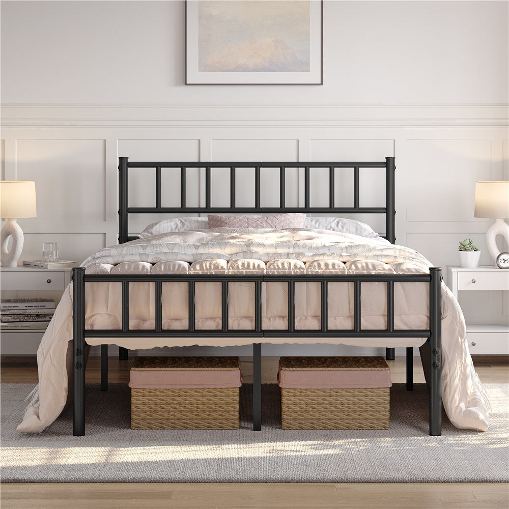 Yaheetech Minimalist Metal Bed Frame with Slatted Headboard Black Double (4'6)