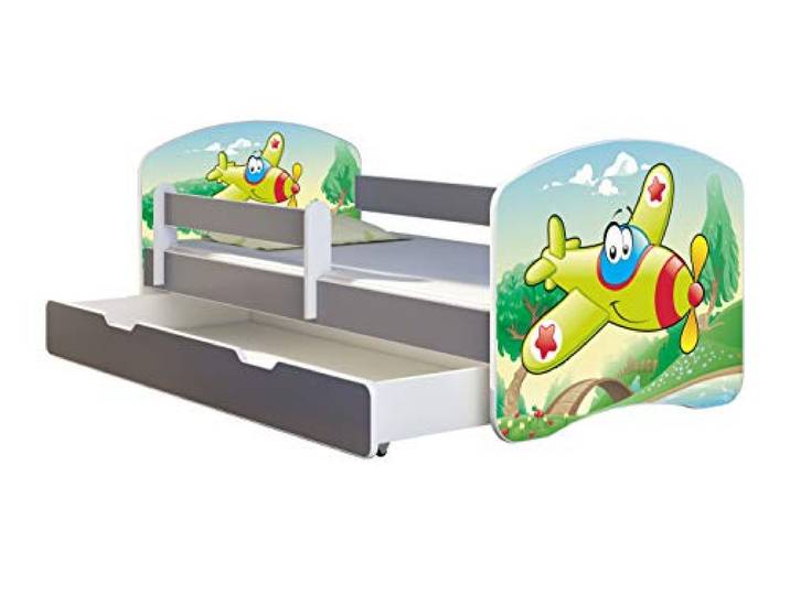 ACMA Kinderbett Jugendbett mit Einer Schublade und Matratze Grau mit Rausfallschutz Lattenrost II Spielbett Kinderzimmer Möbel (29 Flugzeug, 180x80 + Bettkasten)