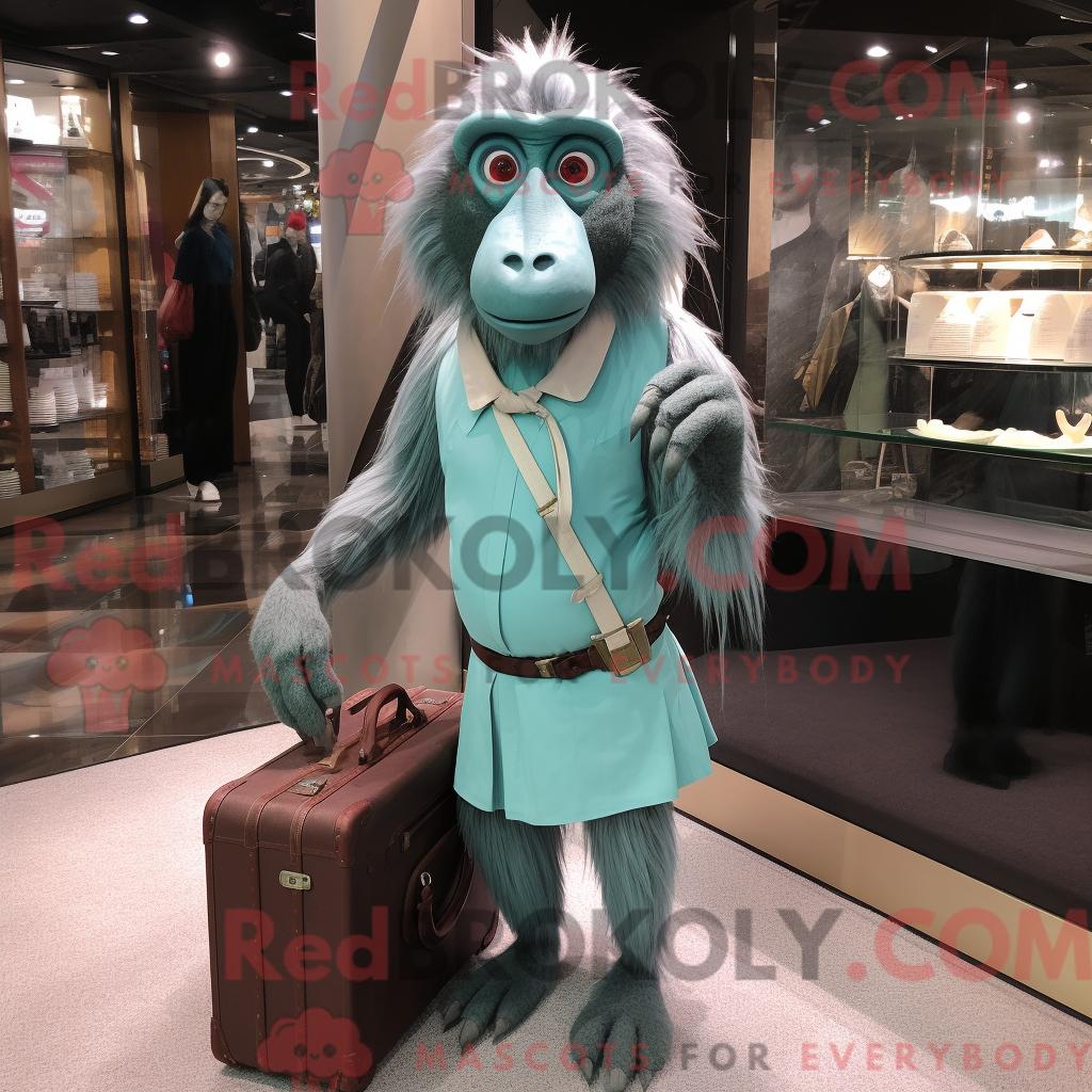 Maskottchenfigur REDBROKOLY eines Cyan-Pavians mit Bleistiftrock und Aktentasche