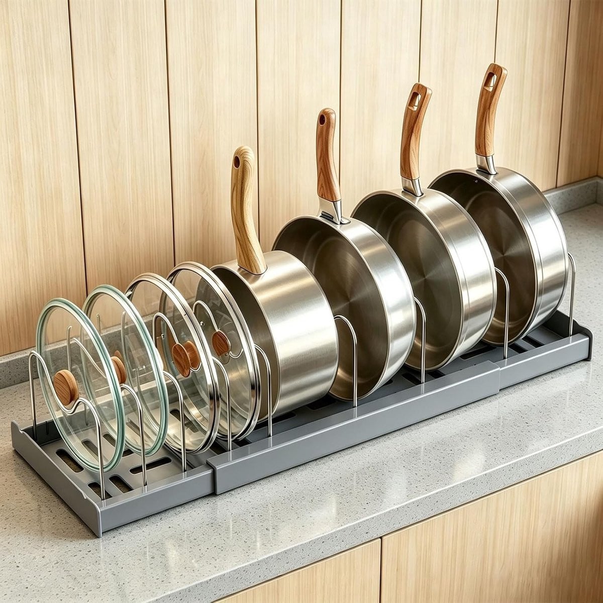 Verstelbare pannenorganizer met 9 verdelers en dekselhouder voor in de keuken, grijs