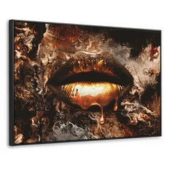 LEINWAND Bilder mit Rahmen - Gold - Lippen - Kunst - Gold - Luxus - Abstrakt - 140x90